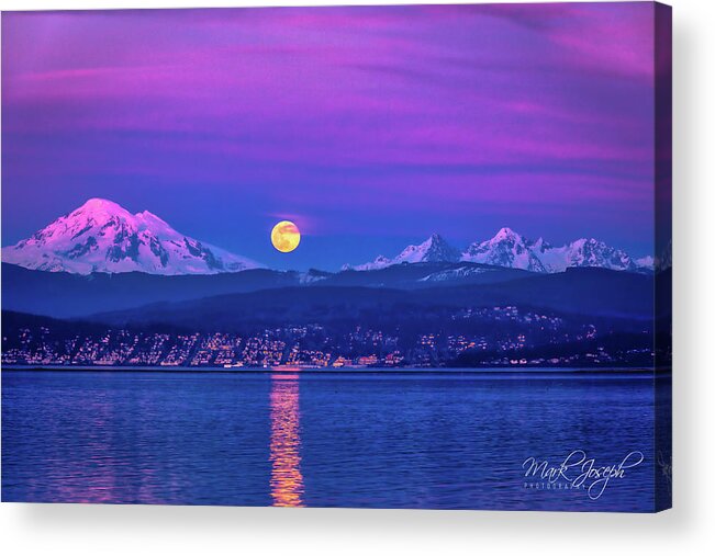 Moon Acrylic Print featuring the photograph Supermoon with Mt. Baker Alpenglow by Mark Joseph