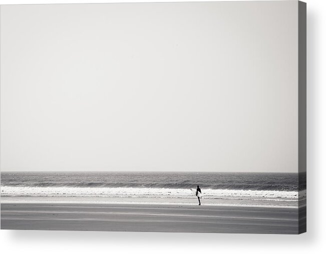 Tranquility Acrylic Print featuring the photograph Surfer At Newgale Beach, Wales by Elaine W Zhao