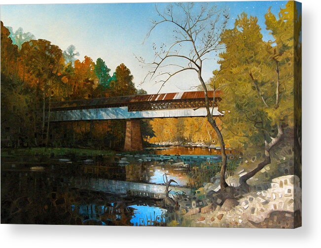 Covered Bridge American Landscape Autumn River Bridges Fine Art Oil Painting Acrylic Print featuring the painting Swann Covered Bridge In Early Autumn by T S Carson