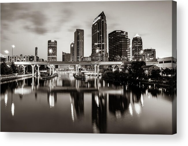 America Acrylic Print featuring the photograph Tampa Florida Skyline Reflections in Sepia by Gregory Ballos