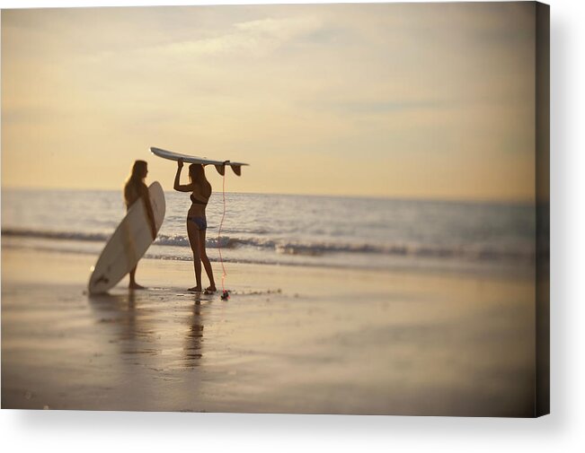Adolescence Acrylic Print featuring the photograph Teen Girls With Surfboards Discussing by Stephen Simpson