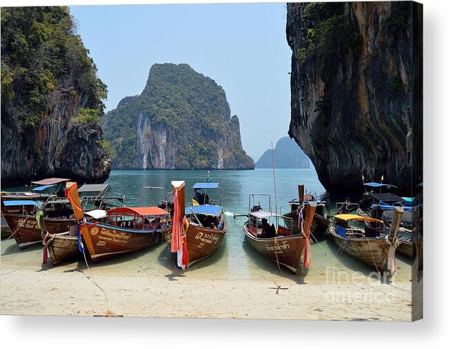 Islands Acrylic Print featuring the photograph THAI Longboats by Thomas Schroeder