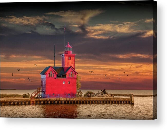 Art Acrylic Print featuring the photograph The Big Red Lighthouse at Sunset on Lake Michigan by Ottawa Beac by Randall Nyhof
