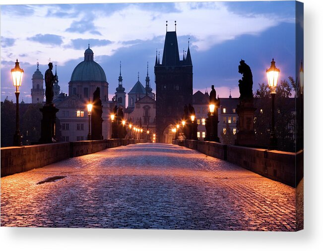 Scenics Acrylic Print featuring the photograph The Charles Bridge At Dawn, Prague by Uyen Le