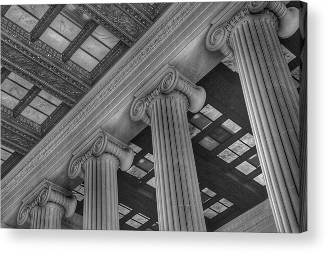 Abraham Lincoln Acrylic Print featuring the photograph The Lincoln Memorial Washington D. C. - Black and White Abstract Pillars Details 2 by Marianna Mills