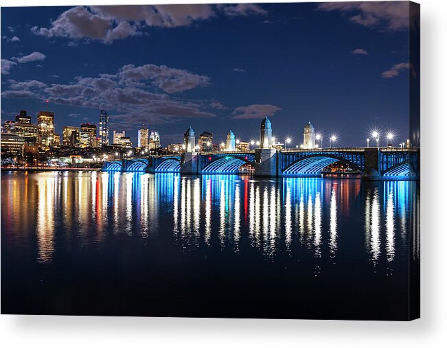 Boston Acrylic Print featuring the photograph The Longfellow Bridge Lit up at Night Boston MA Reflection by Toby McGuire