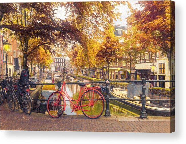 Boats Acrylic Print featuring the photograph The Red Bike in Amsterdam in Autumn by Debra and Dave Vanderlaan