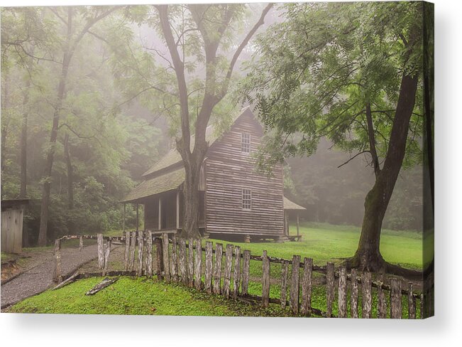 Cades Cove Acrylic Print featuring the photograph The Tipton Place on a Foggy Morning by Marcy Wielfaert