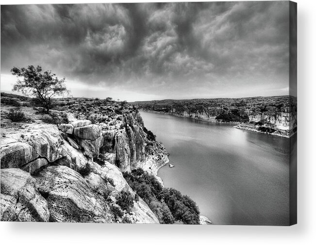 Pecos River Acrylic Print featuring the photograph The View From The Pecos River Bridge B W by JC Findley