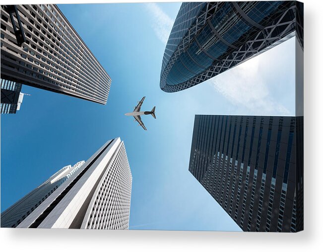 Cityscape Acrylic Print featuring the photograph Tokyo Skyscrapers Buildings And A Plane by Prasit Rodphan