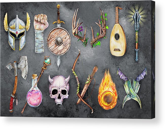 Dungeons And Dragons Acrylic Print featuring the mixed media Tools of the Trade - Fantasy RPG by Aaron Spong