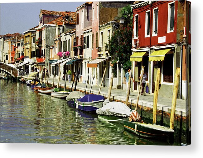 Row House Acrylic Print featuring the photograph Tourists Along A Canal, Murano, Venice by Medioimages/photodisc