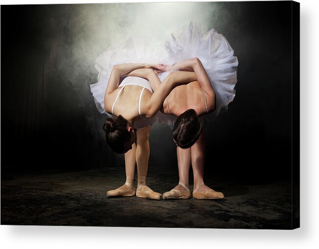 Ballet Dancer Acrylic Print featuring the photograph Two Ballerinas Stretching On Stage by Nisian Hughes