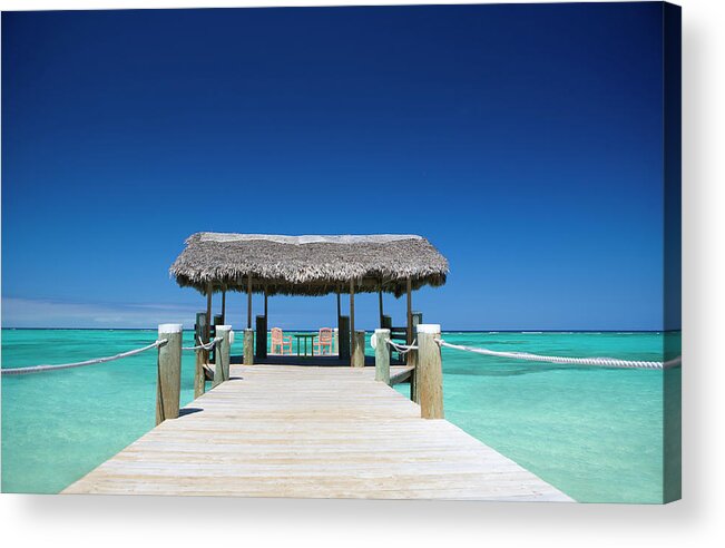 Outdoors Acrylic Print featuring the photograph Two Chairs On End Of Dock With Palapa by Justin Lewis