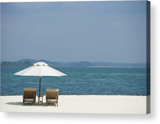 Tranquility Acrylic Print featuring the photograph Two Lounge Chairs On White Sand Beach by Asia Images