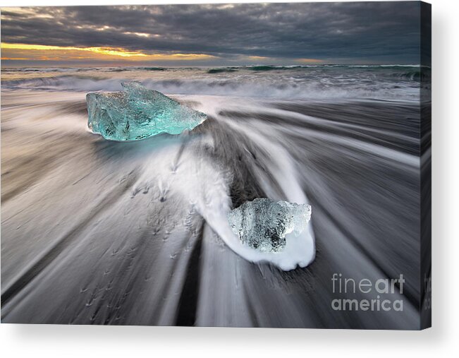 Iceland Acrylic Print featuring the photograph Icebergs on a Black Sand Beach at Sunrise by Tom Schwabel