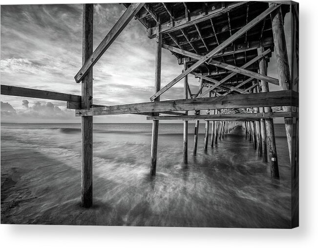 Oak Island Acrylic Print featuring the photograph Uner the Pier in Black and White by Nick Noble