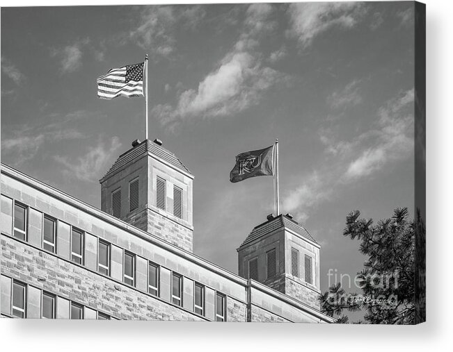University Of Kansas Acrylic Print featuring the photograph University of Kansas Fraiser Hall Flag Towers by University Icons