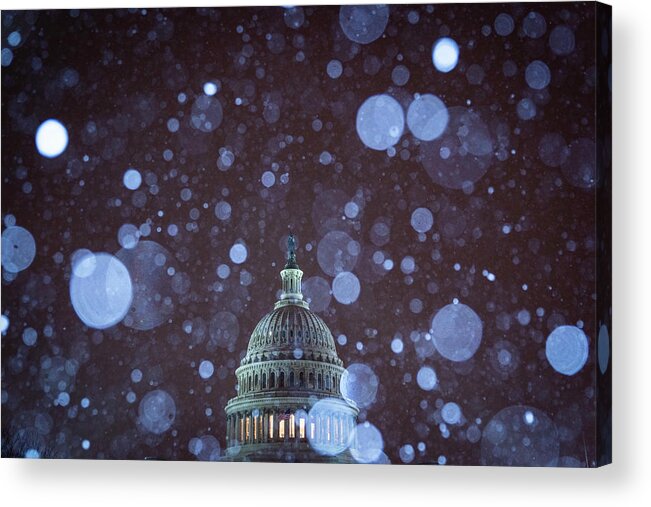 Government Shutdown Acrylic Print featuring the photograph Us Capitol Building With Snow by The Washington Post