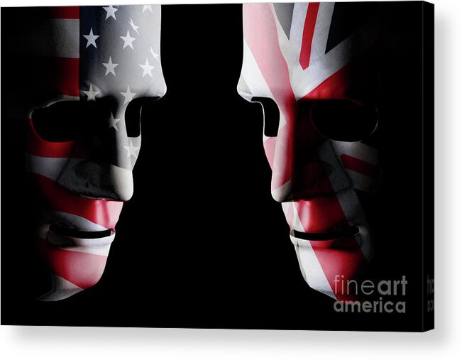 Mask Acrylic Print featuring the digital art USA and GB head to head flag faces by Simon Bratt