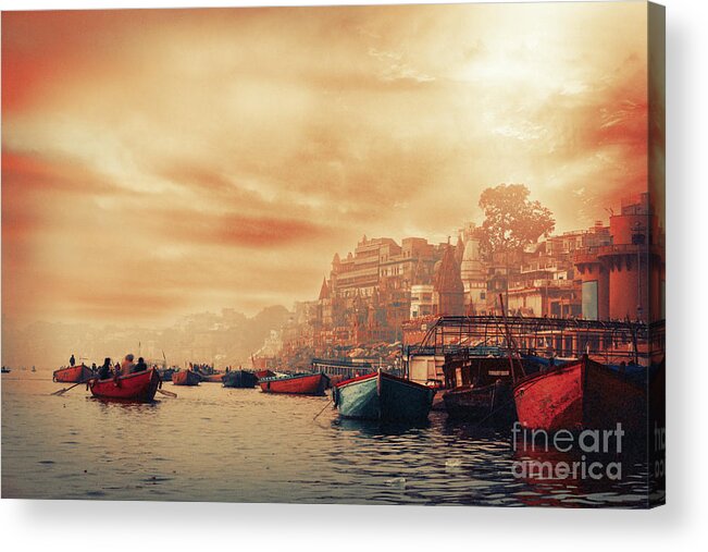Varanasi Acrylic Print featuring the photograph Varanasi - Ganges river at sunrise by Stella Levi