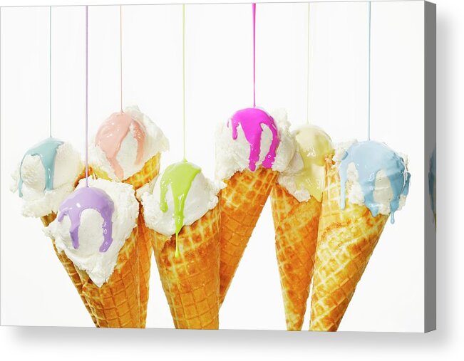 Ip_10274997 Acrylic Print featuring the photograph Various Different Colours Of Nail Polish Being Poured Onto Ice Cream Cones by Jalag / Jan Kornstaedt
