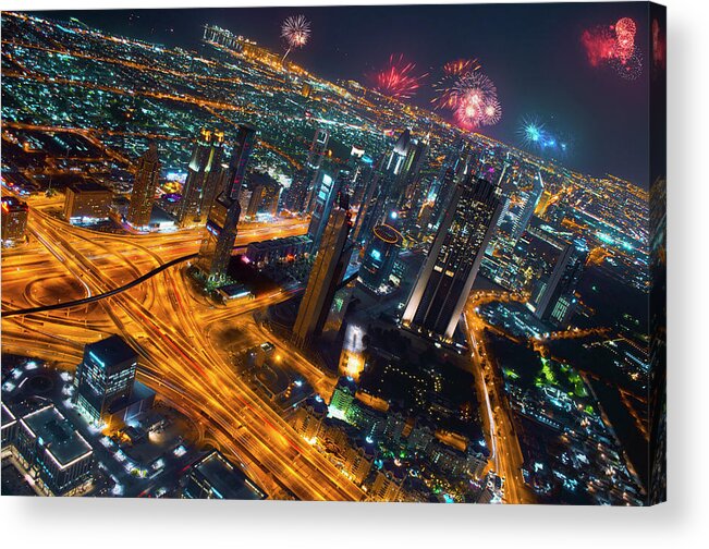 Firework Display Acrylic Print featuring the photograph Vibrant Dubai Celebrating The New Year by Kiratsinh Jadeja
