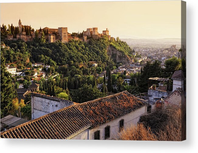 Orange Color Acrylic Print featuring the photograph View On Alhambra At Sunset by Hans-martens
