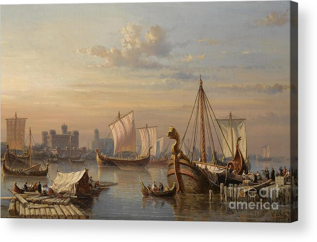 Oil Painting Acrylic Print featuring the drawing Viking Ships On The River Thames by Heritage Images