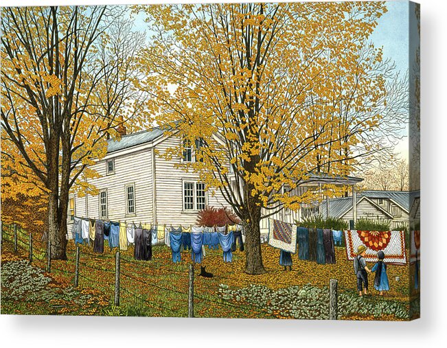 Kids Standing By Clothes On Line By House Acrylic Print featuring the mixed media Wash Day by Thelma Winter