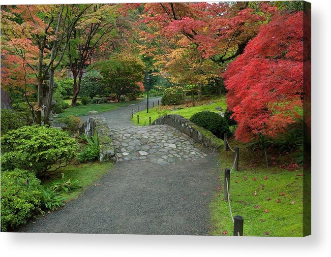 Estock Acrylic Print featuring the digital art Washington, Seattle, Fall Colors And A Stone Bridge In The Japanese Garden In The University Of Washington Arboretum by Greg Probst