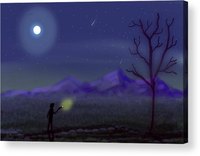 Moon Acrylic Print featuring the digital art Watching Shooting Stars by Chance Kafka