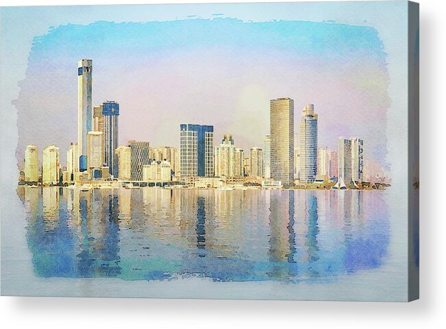 Painting Acrylic Print featuring the digital art Water color of skyline of the city of Xiamen with reflections by Steven Heap