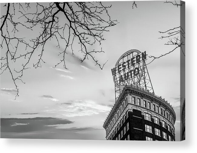 America Acrylic Print featuring the photograph Western Auto Sign Monochrome - Downtown Kansas City by Gregory Ballos