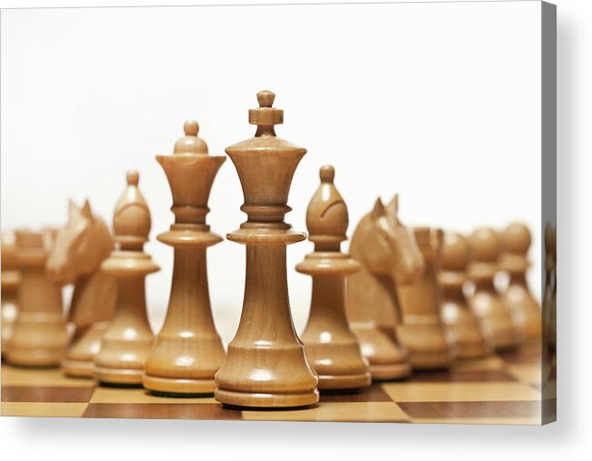 White Background Acrylic Print featuring the photograph White Chess Set On Board by Walter Zerla