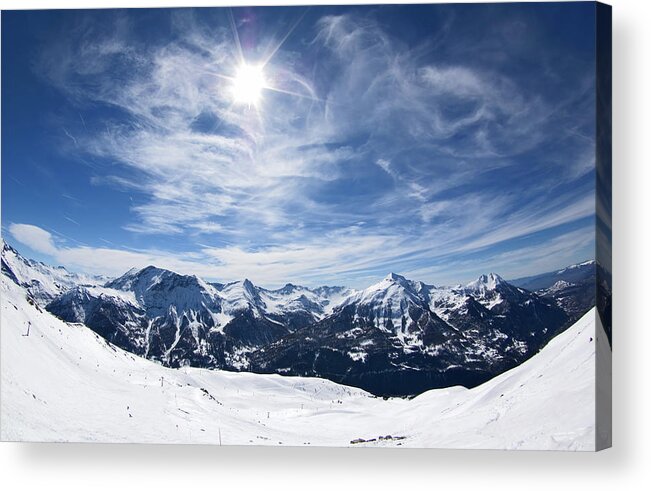 Scenics Acrylic Print featuring the photograph Wide Angle Photograph Of Snowy Mountains by Harmatoslabu