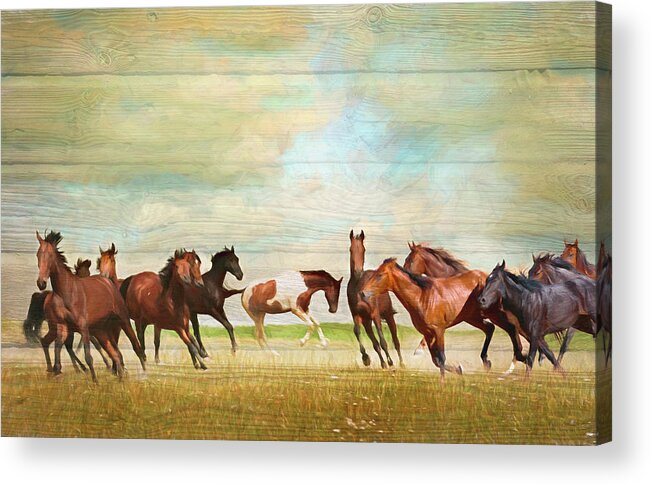 Fall Acrylic Print featuring the digital art Wild Horses Painting in Wood Textures by Debra and Dave Vanderlaan