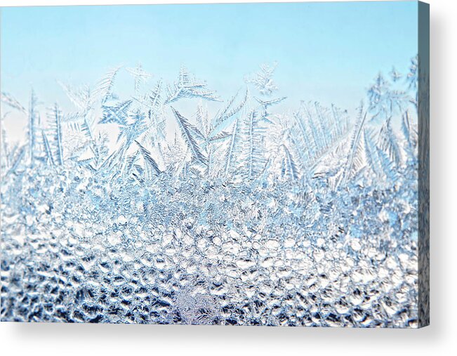 Window Acrylic Print featuring the photograph Window Frost White Blue Background by Charline Xia