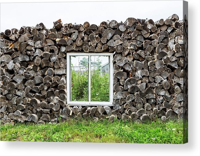Estock Acrylic Print featuring the digital art Window Within Wall Made Of Tree Logs by Pietro Canali