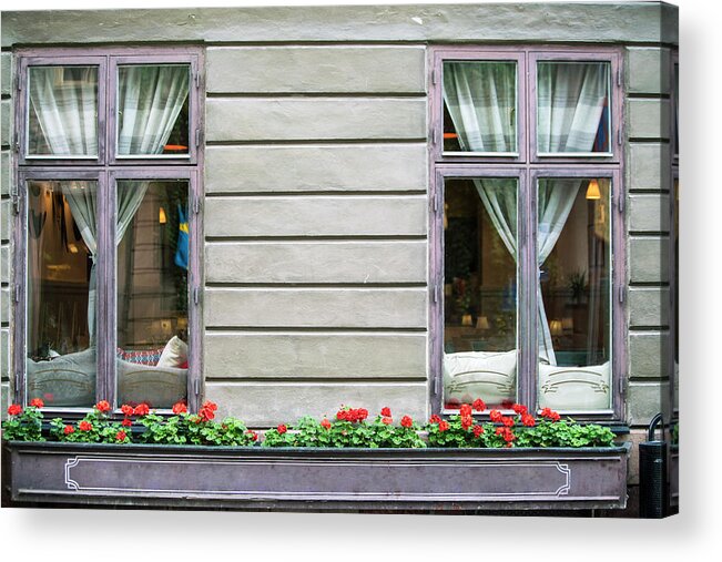 Tourism Acrylic Print featuring the photograph Windows With Flowers Of Old Hotel In The Old Town Gamla Stan by Cavan Images