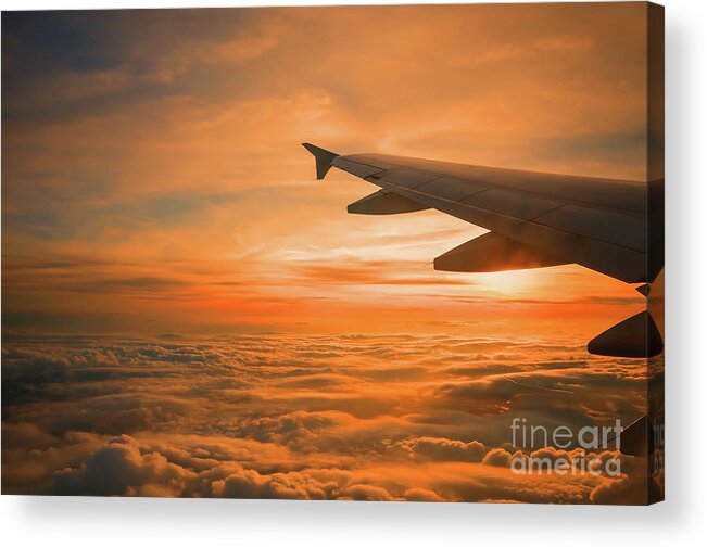 Orange Color Acrylic Print featuring the photograph Wing Of An Aeroplane At Sunset by Taisen Lin