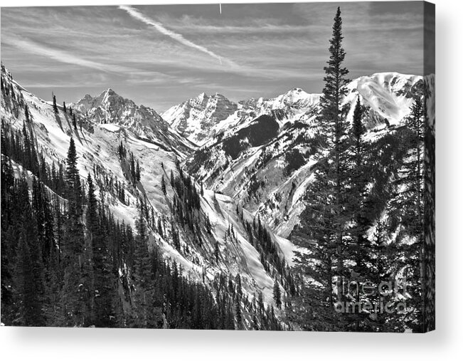 Maroon Bells Acrylic Print featuring the photograph Winter Bells Through The Trees Black And White by Adam Jewell