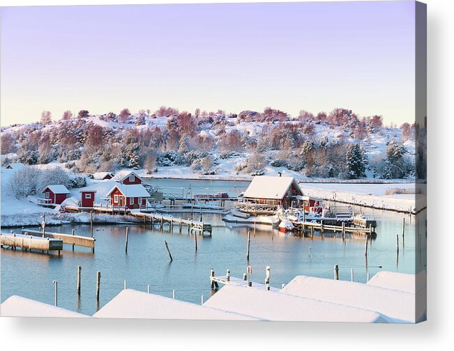 Water's Edge Acrylic Print featuring the photograph Winter Coastal Cottages by Martin Wahlborg