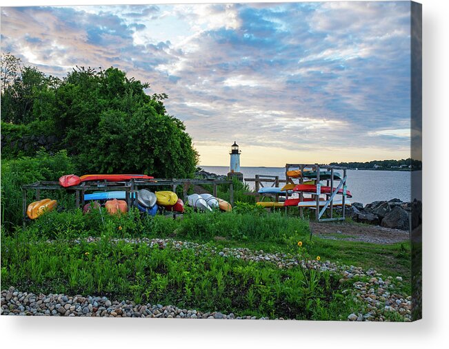 Salem Acrylic Print featuring the photograph Winter Island Kayaks and Fort Pickering Light Salem MA by Toby McGuire