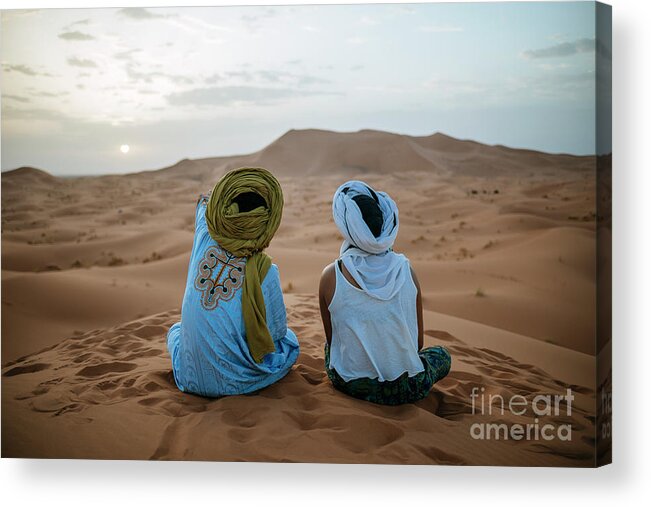 Young Men Acrylic Print featuring the photograph Woman Sitting In The Desert With Berber by Westend61