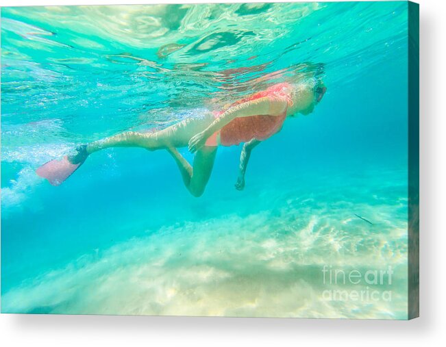 Snorkeler Acrylic Print featuring the photograph Woman snorkeling WA by Benny Marty