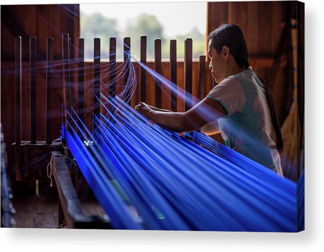 People Acrylic Print featuring the photograph Woman Weaving Blue Silk Thread by Merten Snijders