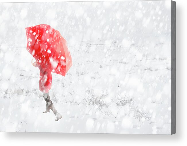 People Acrylic Print featuring the photograph Woman With Red Umbrella Walking Through by Andrew Bret Wallis