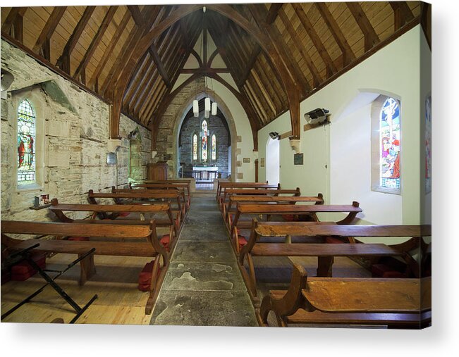 Arch Acrylic Print featuring the photograph Wooden Benches And Stained Glass by John Short / Design Pics