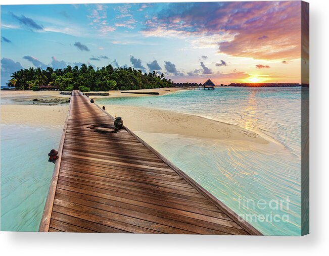 Beach Acrylic Print featuring the photograph Wooden jetty on a blue sea by Michal Bednarek
